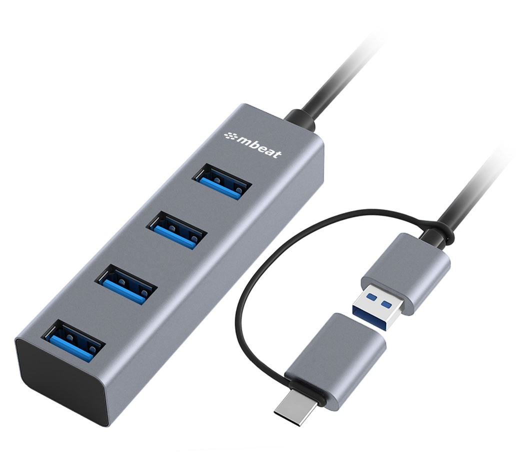 mBeat 4-Port USB 3.0 Hub with 2-in-1 USB 3.0 & USB-C Converter - Space Grey
