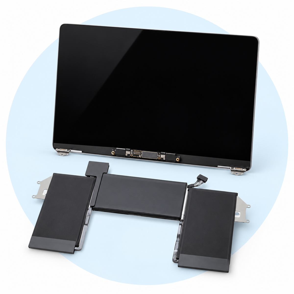 MacBook Air display assembly and U-shaped replacement battery with Microfix blue accent