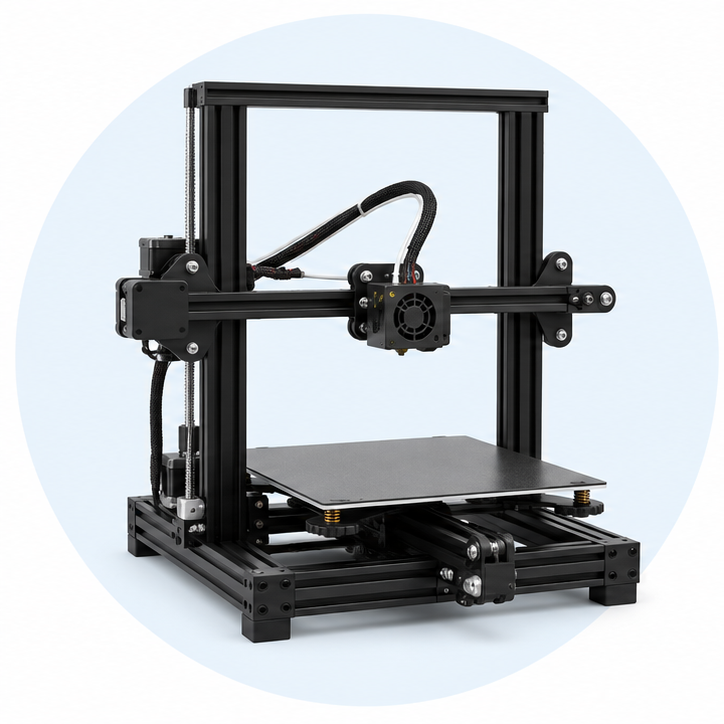 Open-frame FDM 3D printer on a pale blue circle