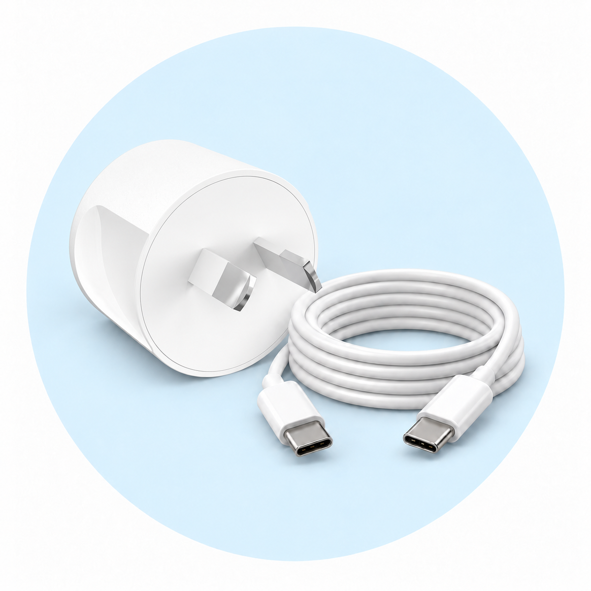 Australian two-pin USB-C charger and cable with Microfix blue accent