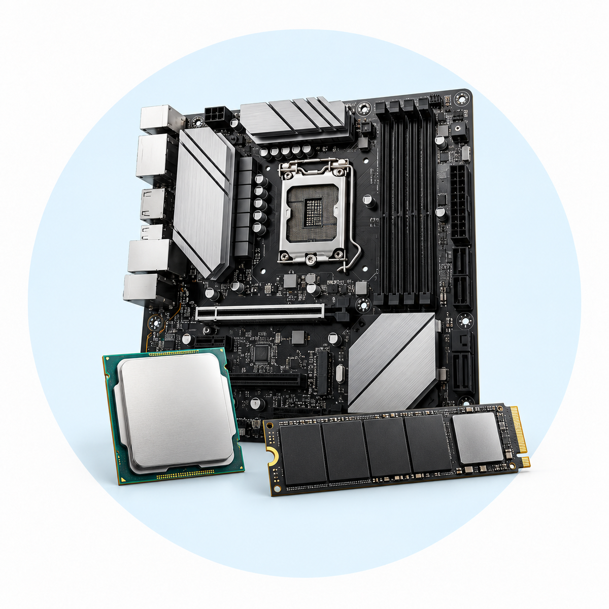 Computer Components and Parts on a pale blue circular background