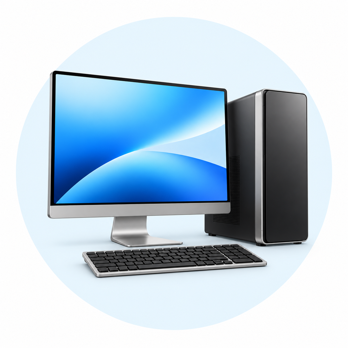Computer Repairs — device on white with a pale-blue circular backdrop