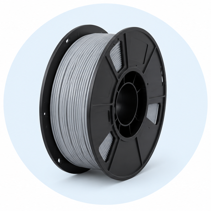 Grey filament on a black spool on a pale blue circle