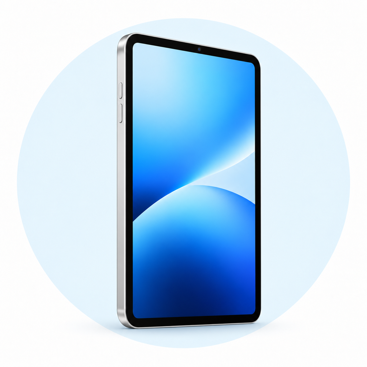 iPad Repairs — device on white with a pale-blue circular backdrop