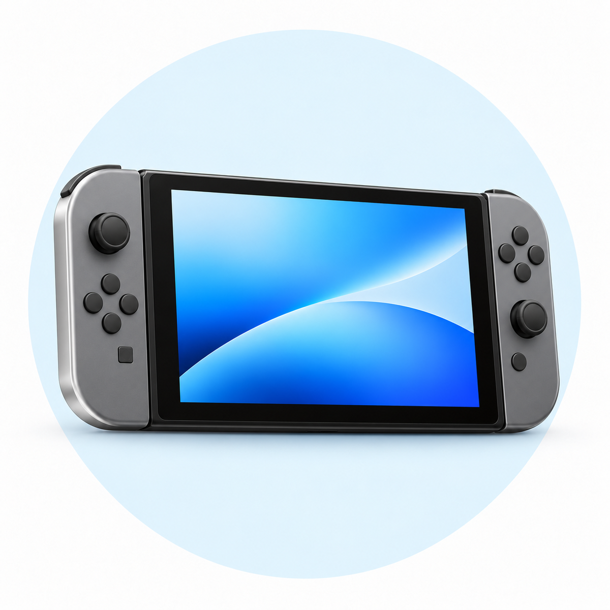 Nintendo Switch-style handheld console on white with a pale-blue circular backdrop