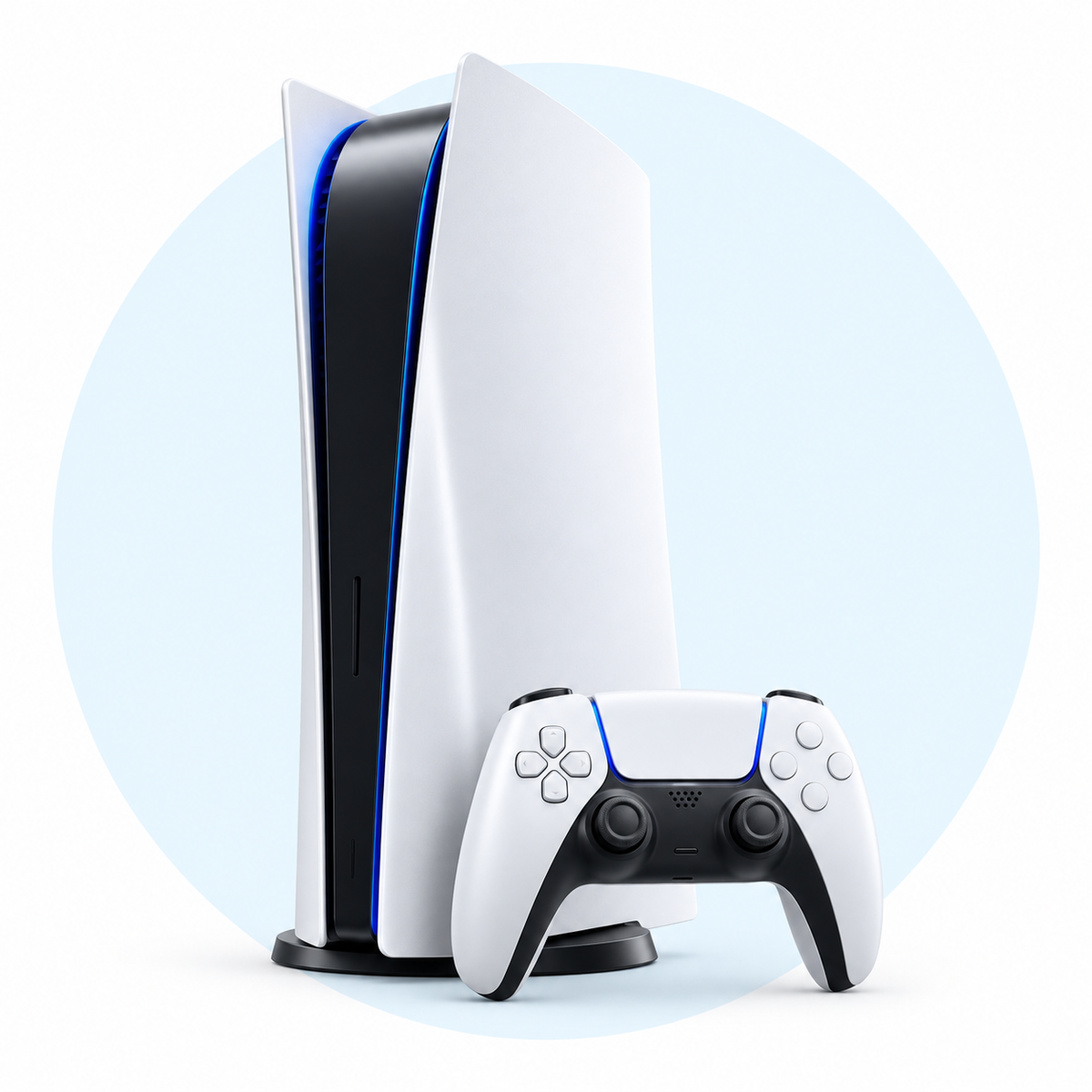 PlayStation Repair — device on white with a pale-blue circular backdrop