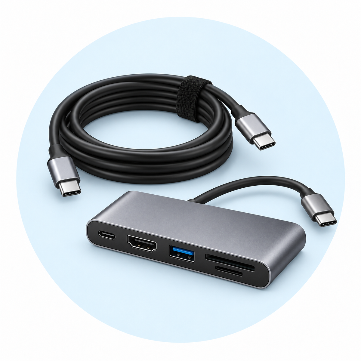 Cables and Adapters on a pale blue circular background
