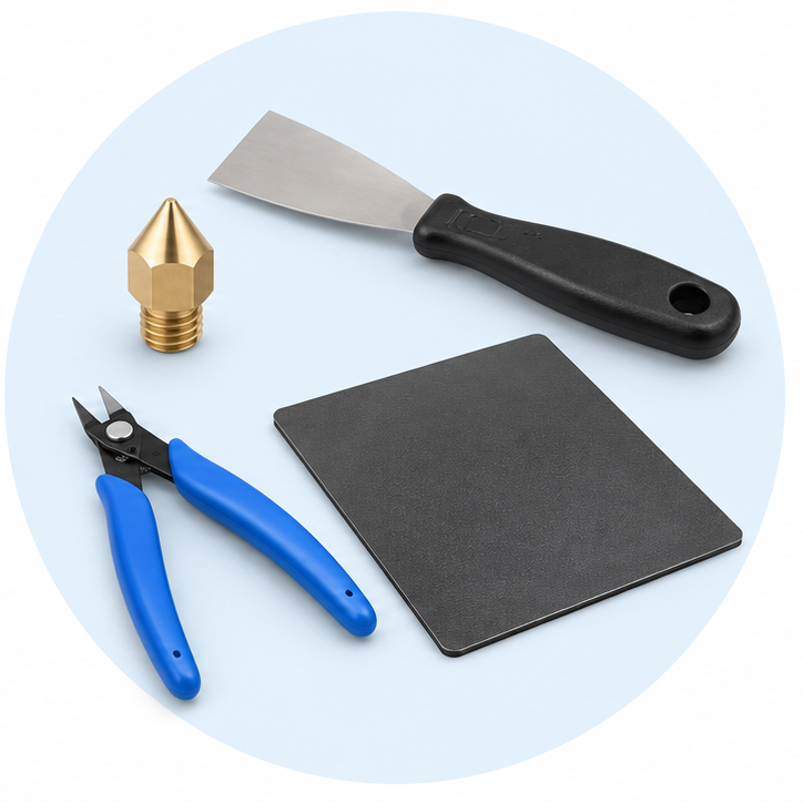 3D printing nozzle, scraper, flush cutters and build plate on a pale blue circle