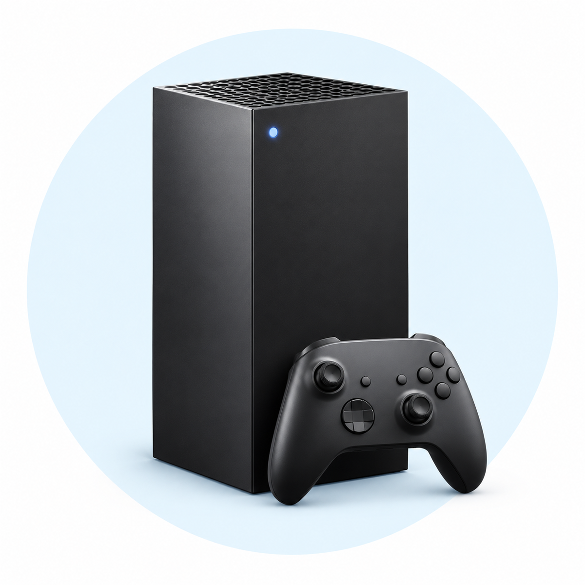 Xbox Repairs — device on white with a pale-blue circular backdrop