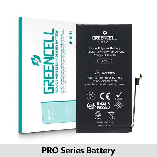 Greencell PRO series-iPhone 15 Replacement Battery with Adhesive Strips 3349mAh (TI chip -27546-A3 IC & Original Cell)