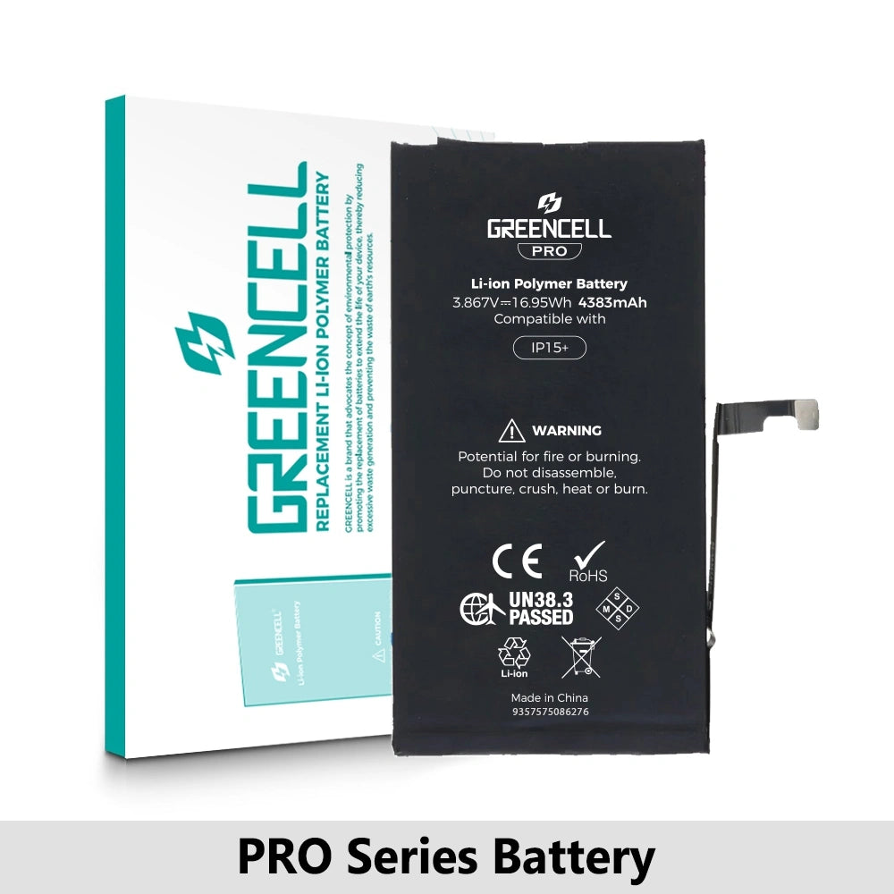 Greencell PRO series- iPhone 15 Plus Replacement Battery with Adhesive Strips 4383mAh (TI chip -27546-A3 IC & Original Cell)