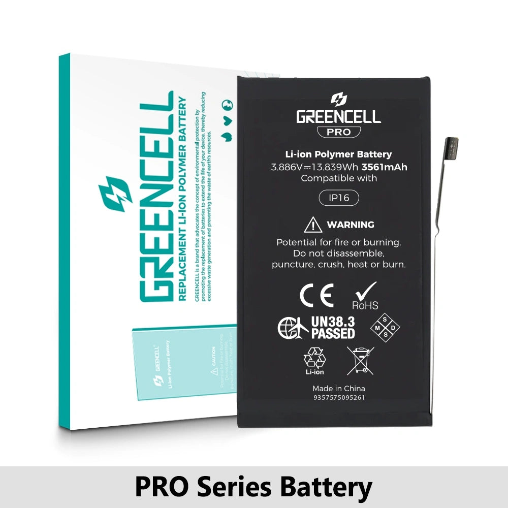 Greencell PRO series-iPhone 16 Replacement Battery with Adhesive Strips 3651mAh (TI chip -27546-A3 IC & Original Cell)