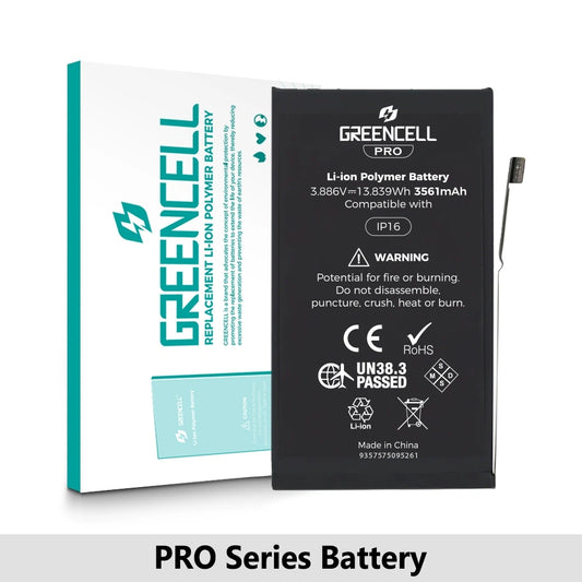 Greencell PRO series-iPhone 16 Replacement Battery with Adhesive Strips 3651mAh (TI chip -27546-A3 IC & Original Cell)