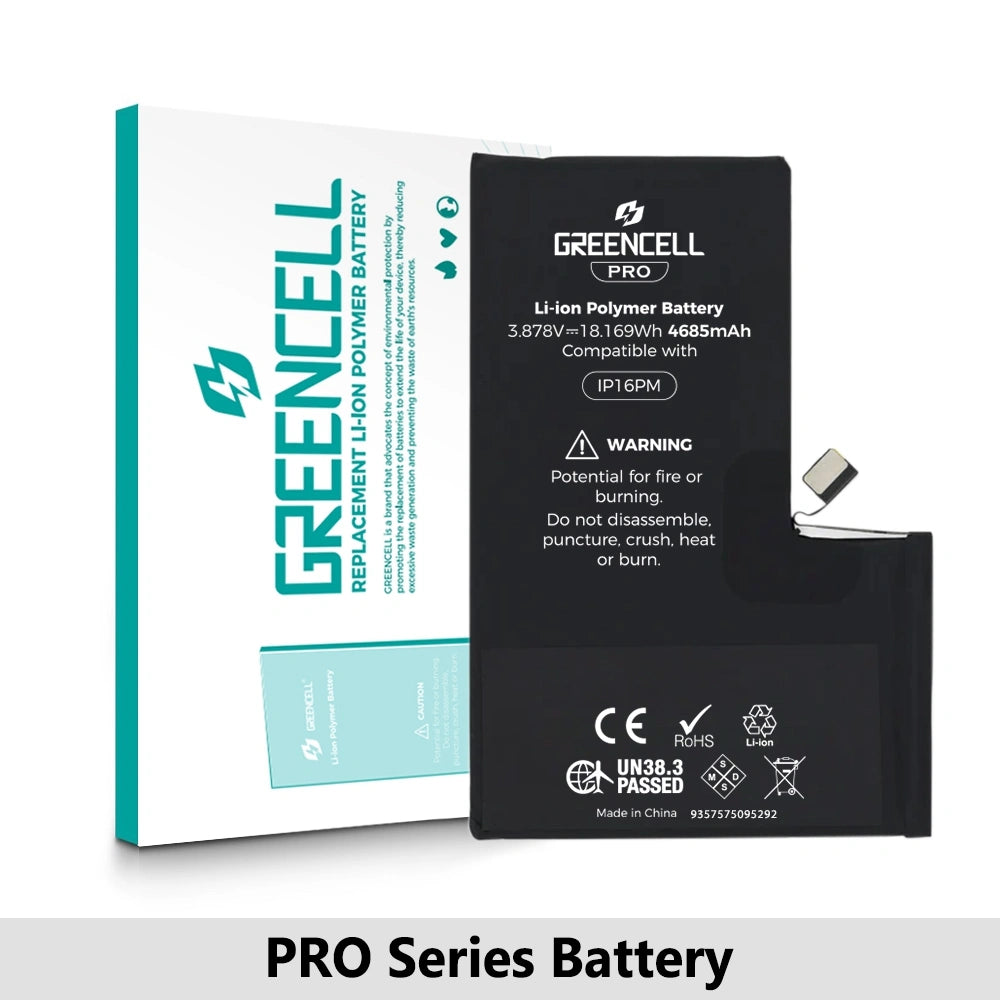 Greencell PRO series-iPhone 16 Pro Max Replacement Battery with Adhesive Strips 4685mAh (TI chip -27546-A3 IC & Original Cell)