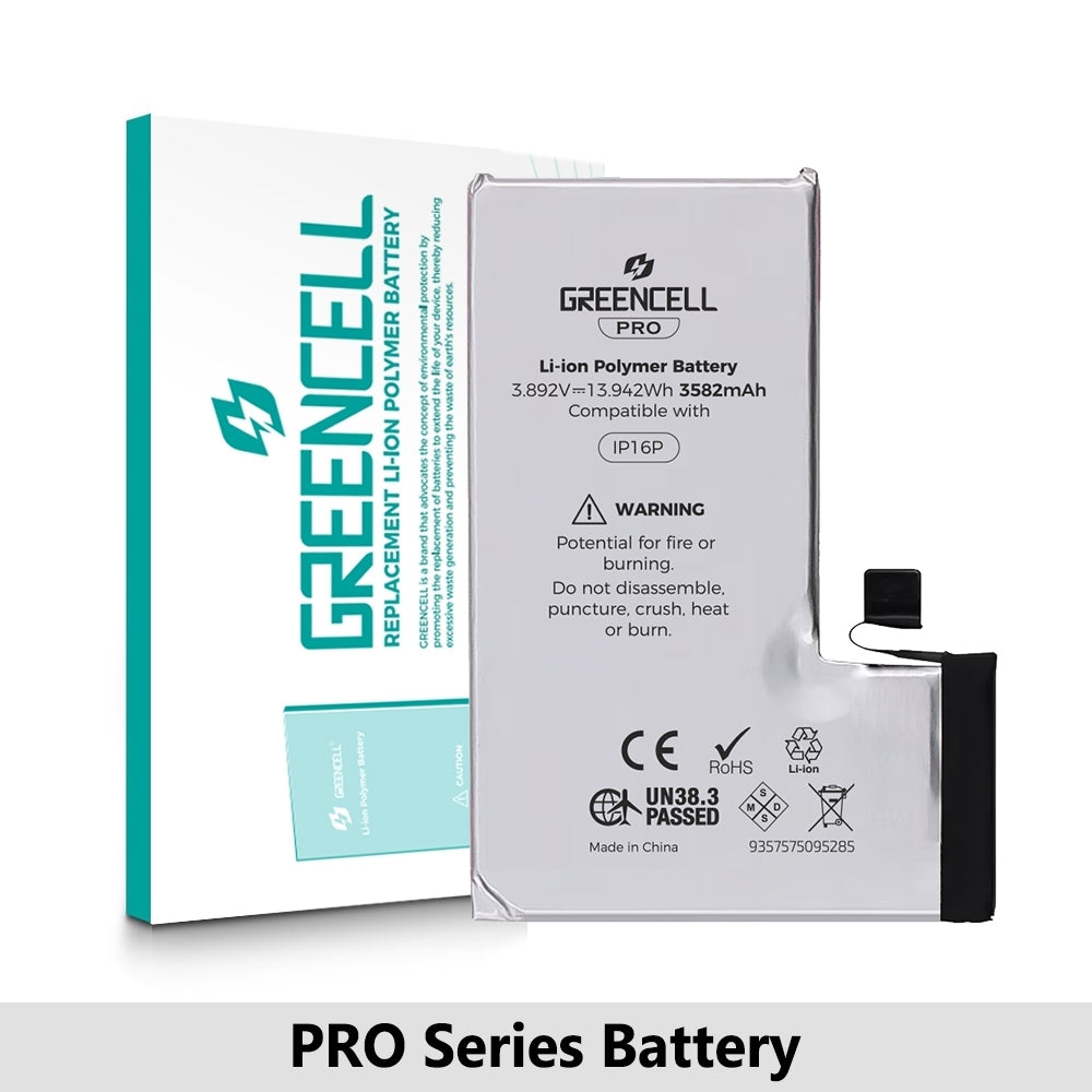Greencell PRO series-iPhone 16 Pro Replacement Battery with Adhesive Strips 3582mAh (TI chip -27546-A3 IC & Original Cell)