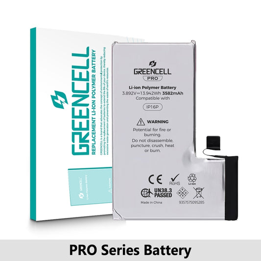 Greencell PRO series-iPhone 16 Pro Replacement Battery with Adhesive Strips 3582mAh (TI chip -27546-A3 IC & Original Cell)