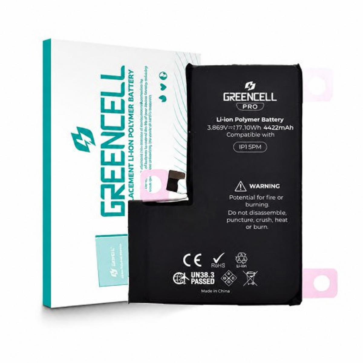 Greencell PRO Series- iPhone 15 Pro Max Replacement Battery with Adhesive Strips 4422mAh