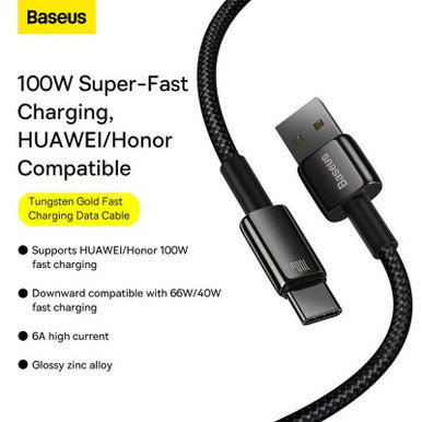 Baseus Tungsten Gold Fast Charging Data Cable USB to Type-C 100W 1m-Black - Image 6