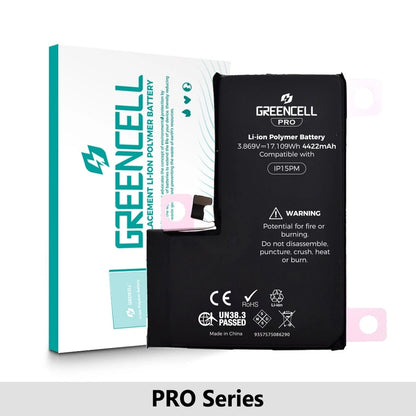 Greencell PRO Series- iPhone 15 Pro Max Replacement Battery with Adhesive Strips 4422mAh (TI chip -27546-A3 IC & Original Cell)