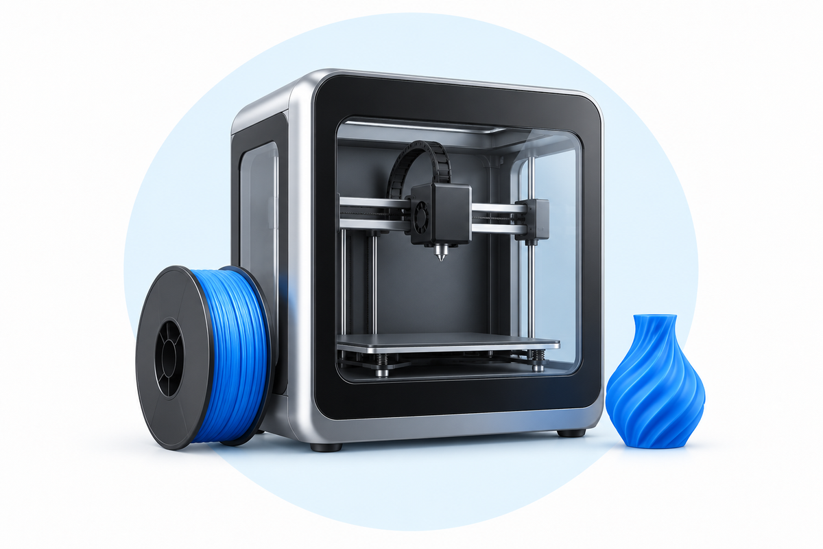 3d printing — components on white with pale-blue circle