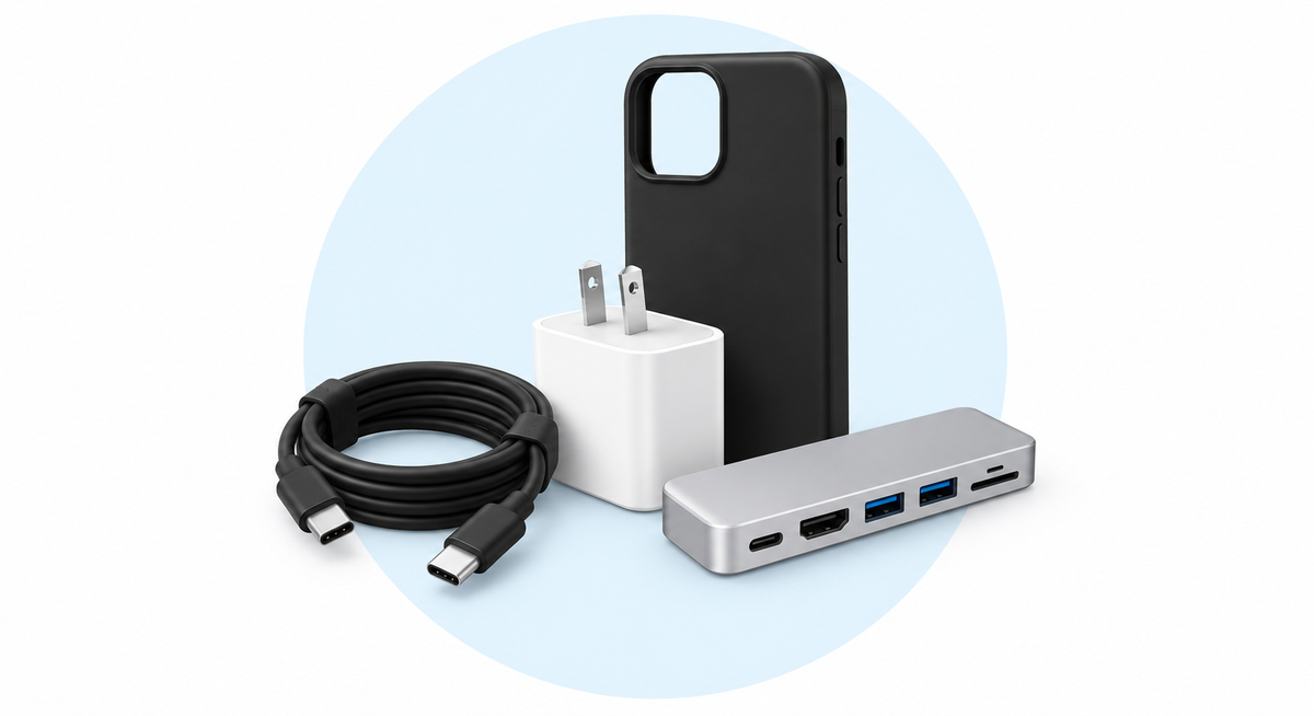 cables and accessories — components on white with pale-blue circle