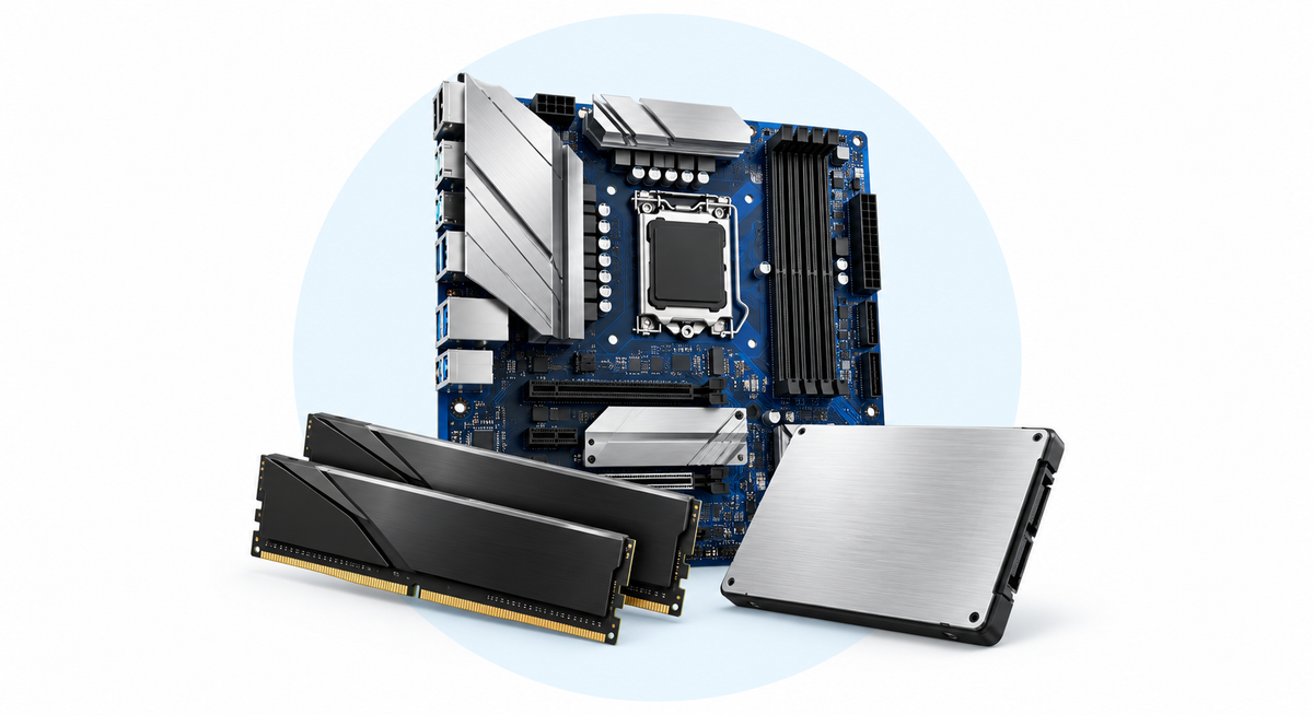 computer hardware — components on white with pale-blue circle