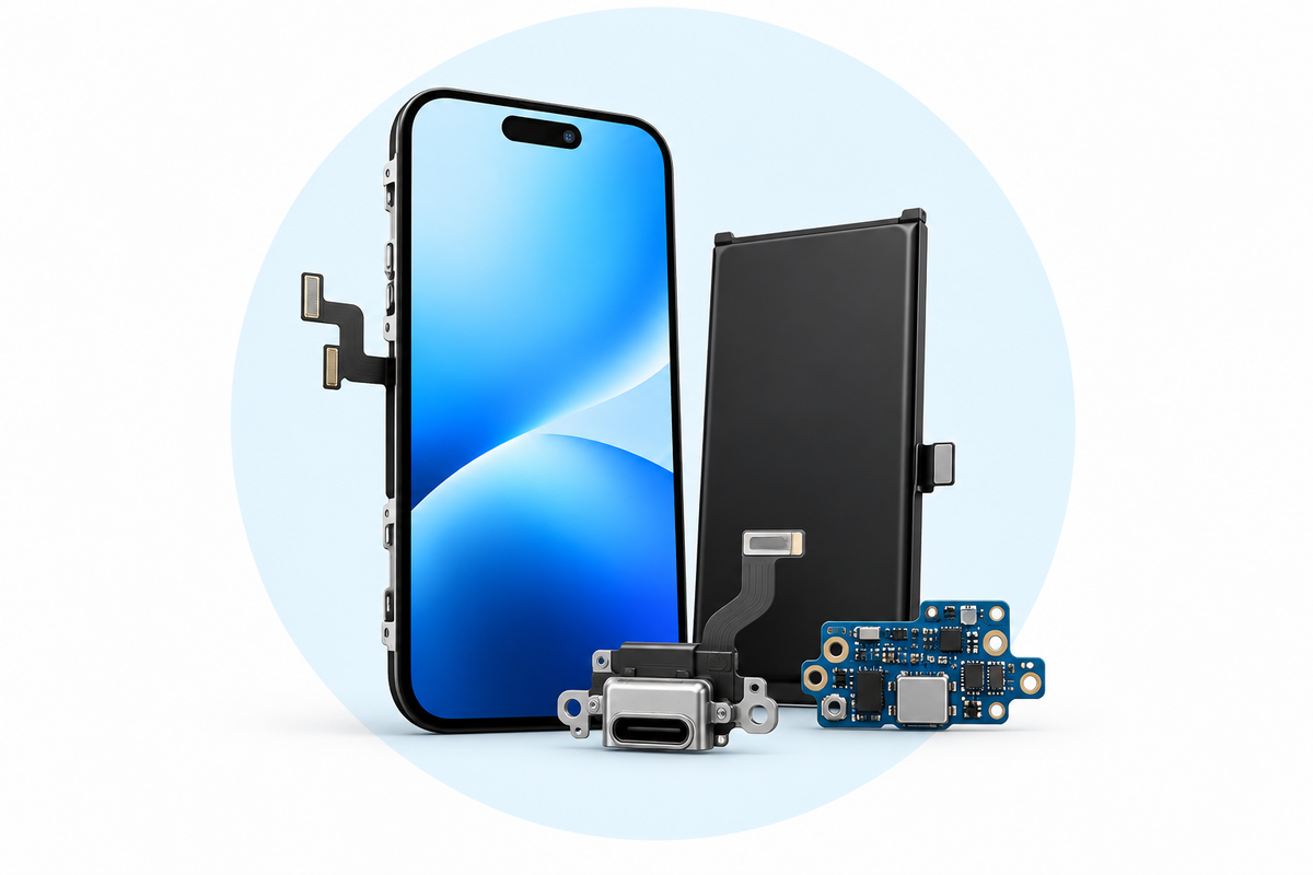 repair parts — components on white with pale-blue circle